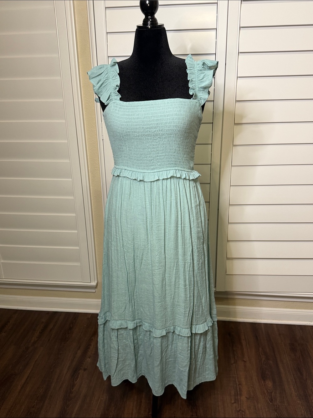 Blu Pepper Mint Green Smocked Ruffle Strap Maxi Dress